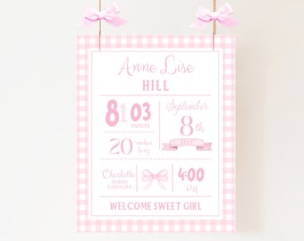 Baby Girl Birth Stats Sign, Printable Birth Announcement Sign, Pink Bow Gingham, Newborn Baby Announcement, Newborn Gift, Girl Nursery, NP