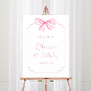 Pink Bow Party Welcome Sign, 1st Birthday Welcome Poster, Girl First Birthday Decoration, Watercolor Pink Bow, Editable Birthday Sign, 011