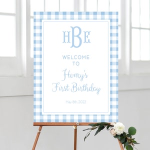 Monogram Boy First Birthday, Blue Gingham Welcome Sign, Watercolor Monogram Blue Gingham, Welcome Birthday Poster, Editable, BM1