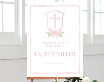 Welcome Baptism Sign, Watercolor Crest, Pink Cross Girl Baptism Poster, Dedication for Girl, Baptism Church Sign, Editable Template P01
