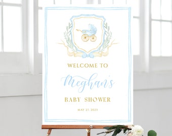 Watercolor Blue Crest Baby Shower Welcome Sign, Boy Carriage, Blue Bow Welcome Poster, Blue Crest Baby Shower, Editable Welcome Template BS4