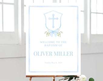 Placa de boas-vindas para batismo, brasão em aquarela, pôster de batismo com a Cruz Azul, apresentação de bebê para menino, placa para igreja de batismo, modelo editável, B02
