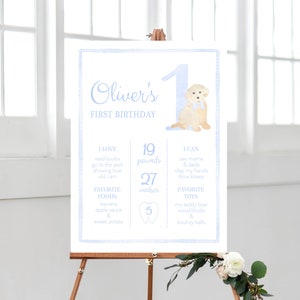 Letrero para el primer cumpleaños de un cachorro, decoración para el cumpleaños de un cachorro, hito para el primer cumpleaños de un niño, póster para el primer año, letrero editable, 012