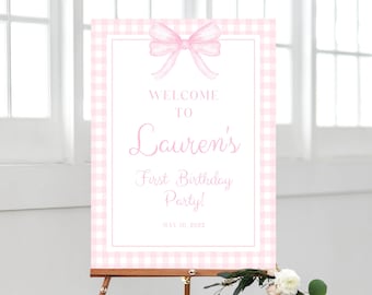 Rosa gingham-födelsedagsvälkomstskylt, välkomstaffisch för 1-årsdag, dekoration för flickas första födelsedag, akvarell rosa rosett, redigerbar födelsedagsskylt, 013