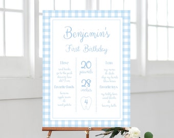 Boy First Birthday Milestone Sign, Blue Gingham Party, Boy 1st Birthday Decoration, First Year Milestone Poster, Watercolor, Editable, 015