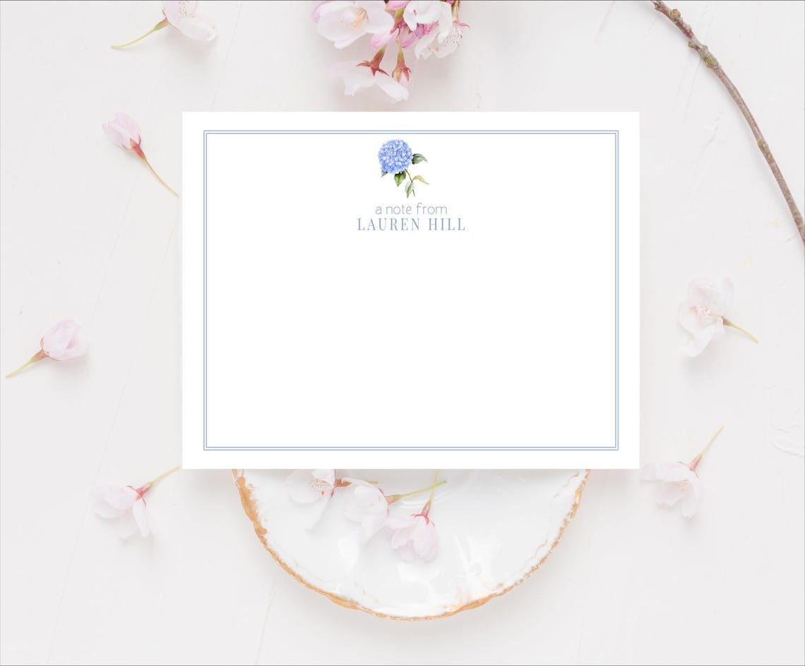 Personalized Blue Hydrangea Stationery Set, Floral Thank You Notecards ...