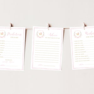 Tarjeta de consejos para baby shower con escudo de acuarela, predicciones para baby shower, deseos para baby shower, carruaje de niña, juegos para baby shower con moño rosa, BS3 editable