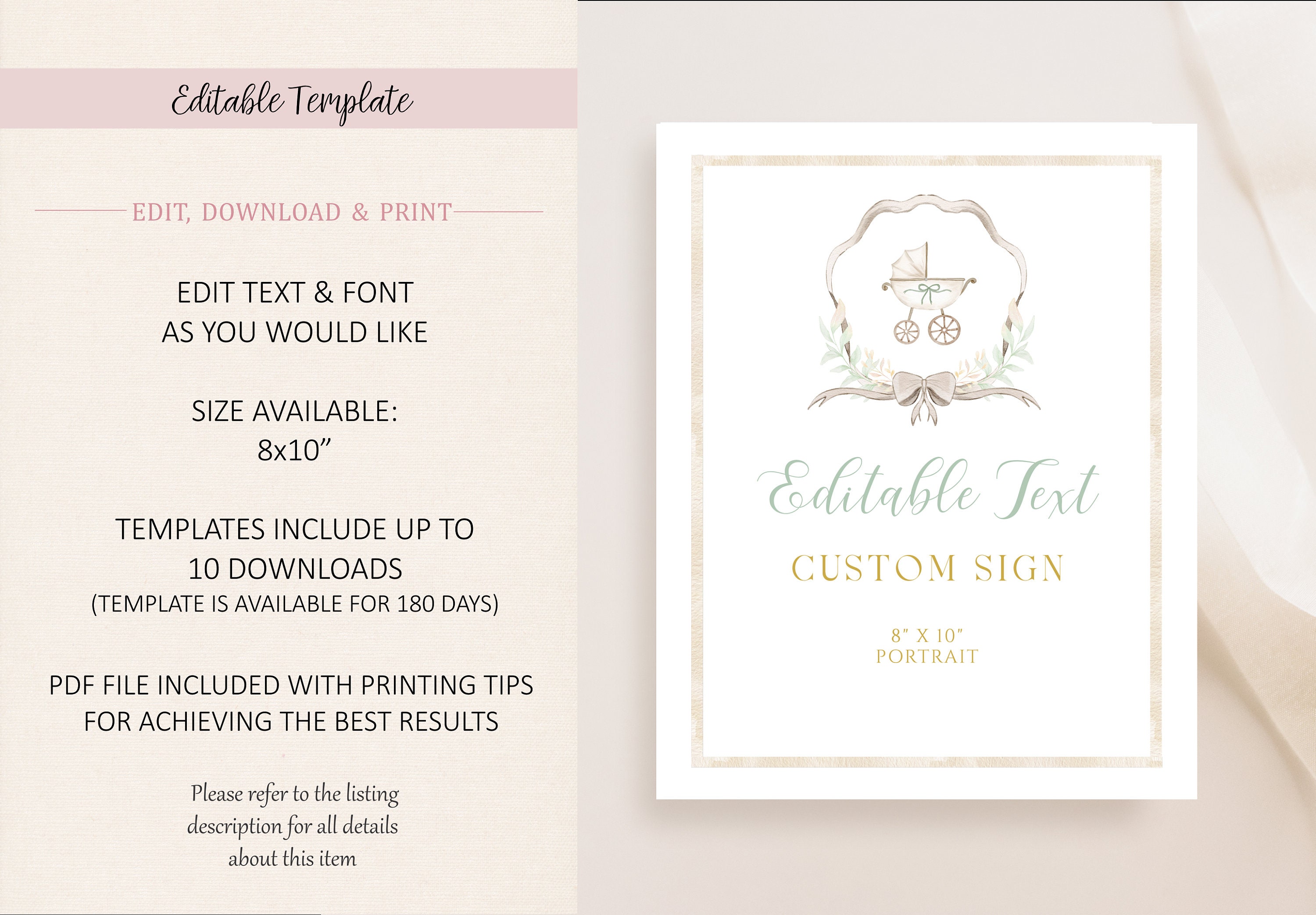 Gender Neutral Crest Baby Shower Sign, Editable Sign 8x10, Carriage