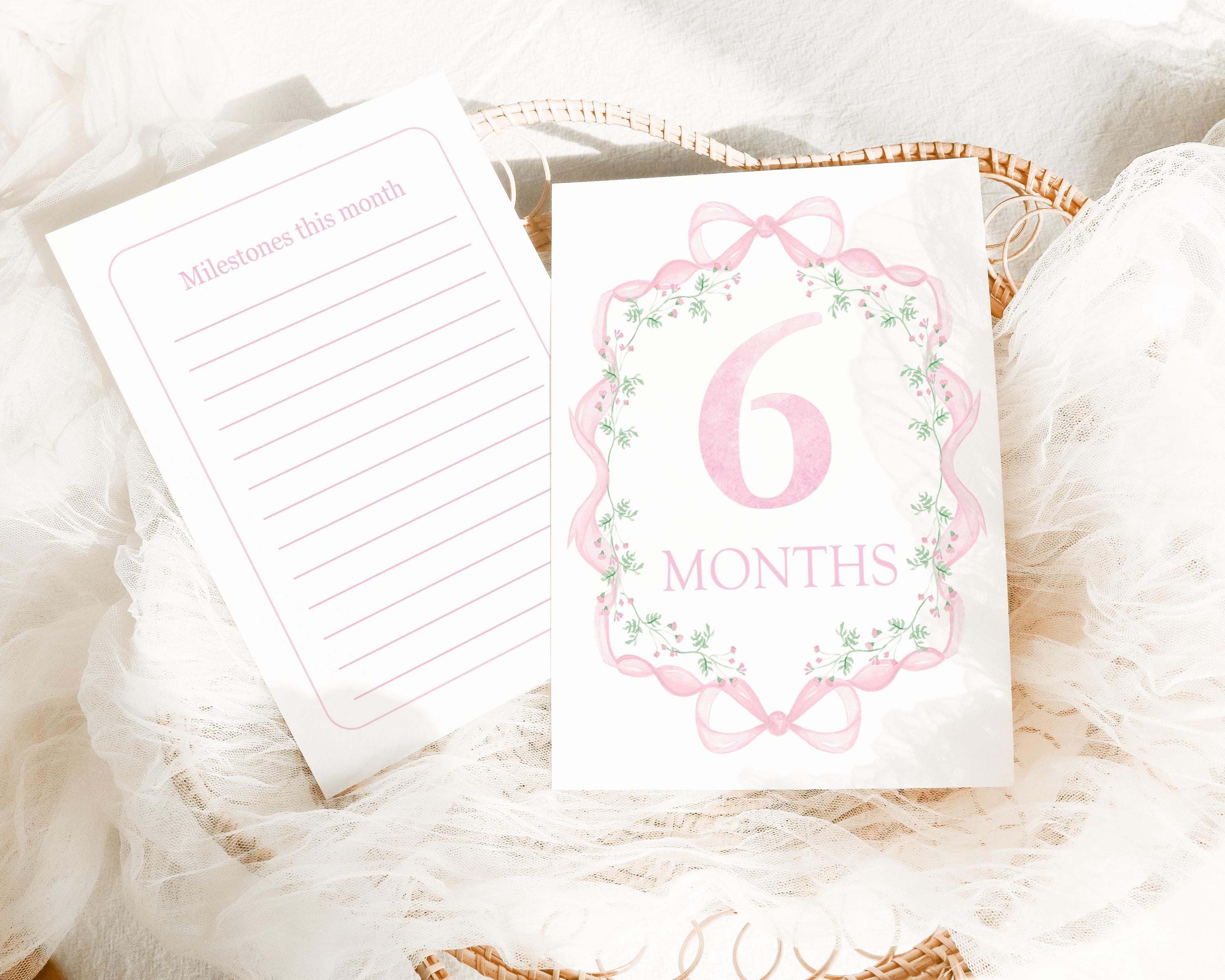 Baby Girl Milestone Cards, Watercolor Floral Milestone Cards, Pink Bow ...