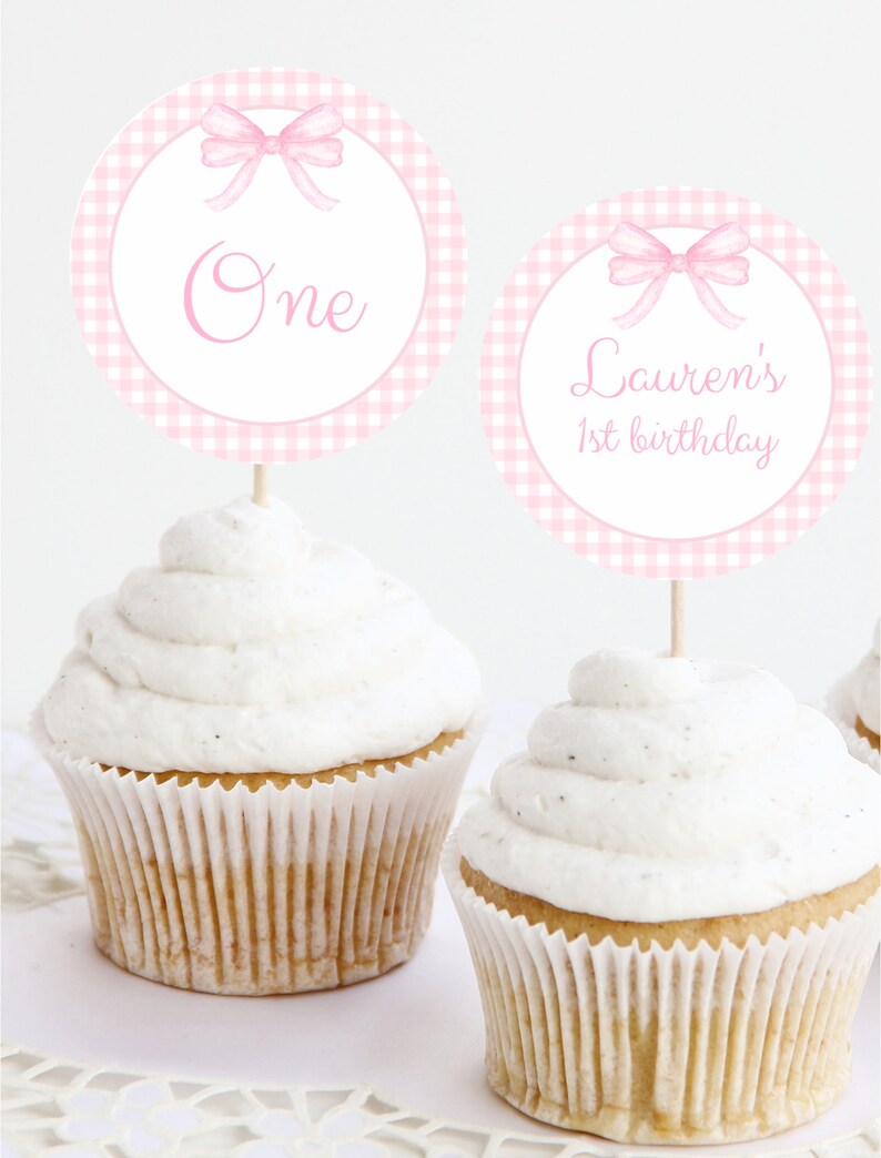 Pink Gingham Cupcake Topper, Girl First Birthday Decor, Pink Bow Birthday, Watercolor Pink Bow