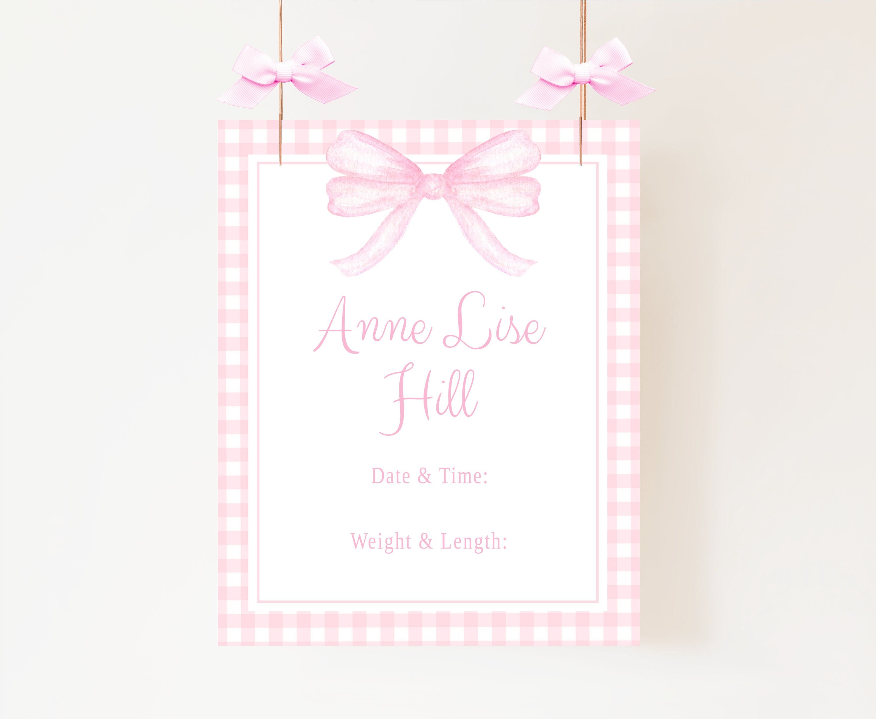 Hospital Door Sign Printable, Pink Gingham Nursery, Watercolor Pink Bow