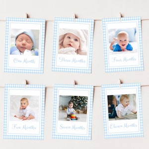 Boy First Year Photo Banner, Monthly Milestone Photo Cards, Blue Gingham Milestone Photo Banner, Boy 1st Birthday Party, Editable, 015