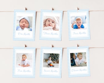 Boy First Year Photo Banner, Monthly Milestone Photo Cards, Blue Gingham Milestone Photo Banner, Boy 1st Birthday Party, Editable, 015