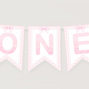 Pink Gingham One Highchair Banner, Highchair Garland, Girl 1st Birthday Decoration, Watercolor Pink Bow One Banner, Instant Download, 013