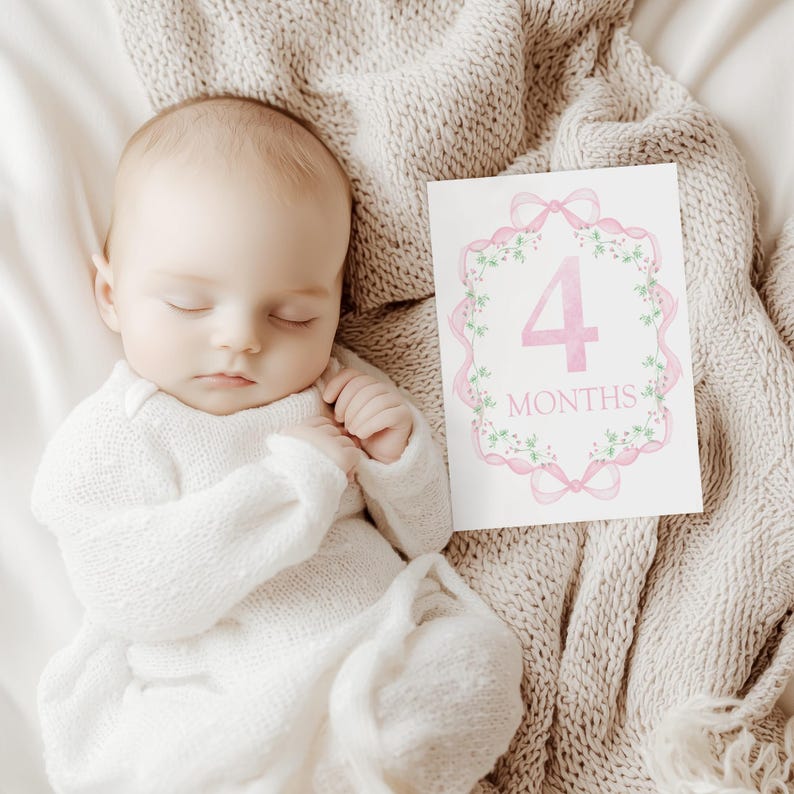 Baby Girl Milestone Cards, Watercolor Floral Milestone Cards, Pink Bow ...