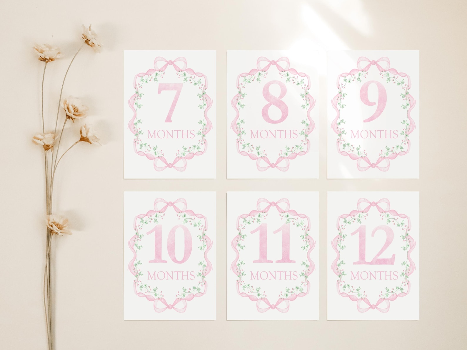 Baby Girl Milestone Cards, Watercolor Floral Milestone Cards, Pink Bow ...