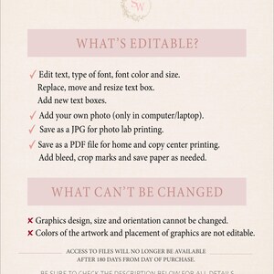 May include: A pink and white graphic with the text "What's Editable?" and "What Can't Be Changed?"  The graphic lists editable and non-editable features of a digital product.  The text includes checkmarks and X marks to indicate editable and non-editable features.