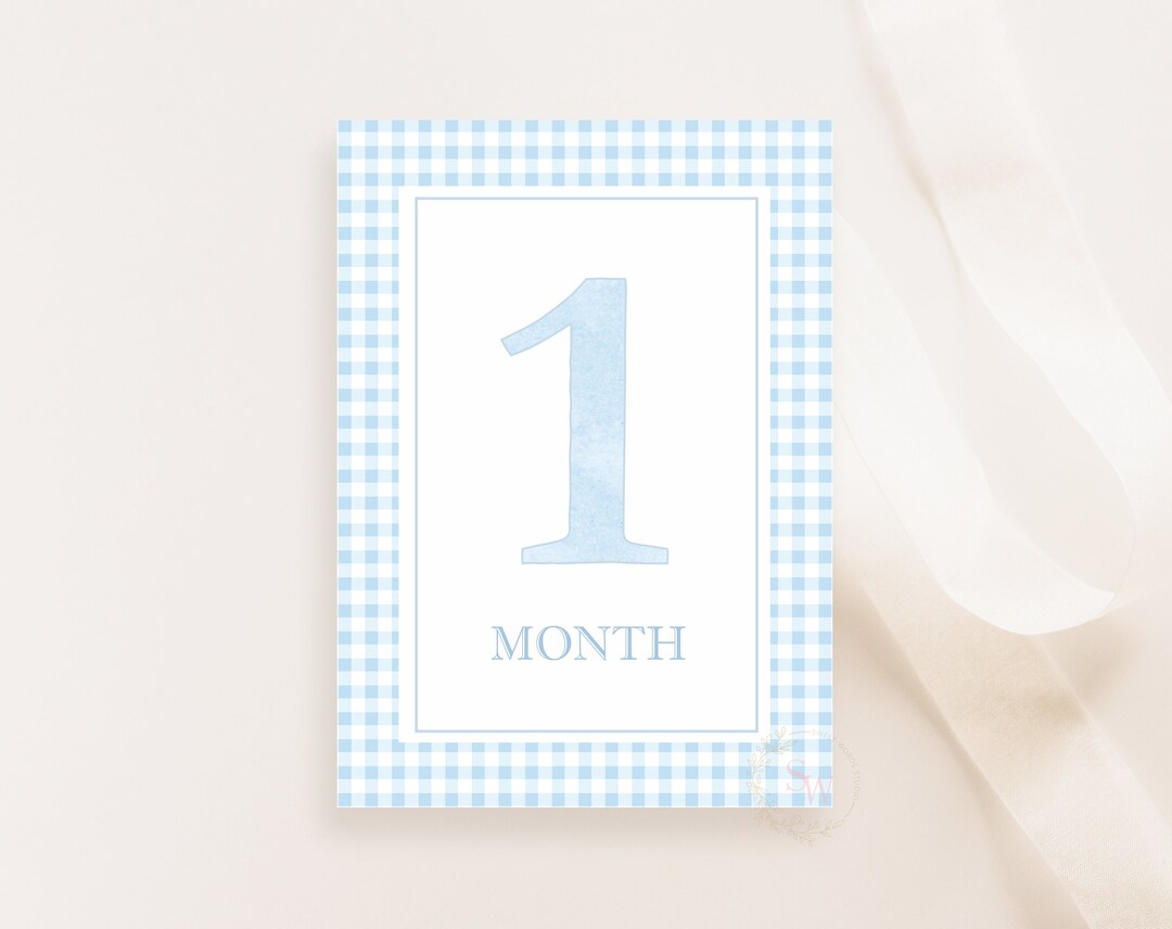 Gingham Milestone Card, Watercolor Baby Boy Milestone Cards, Boy ...