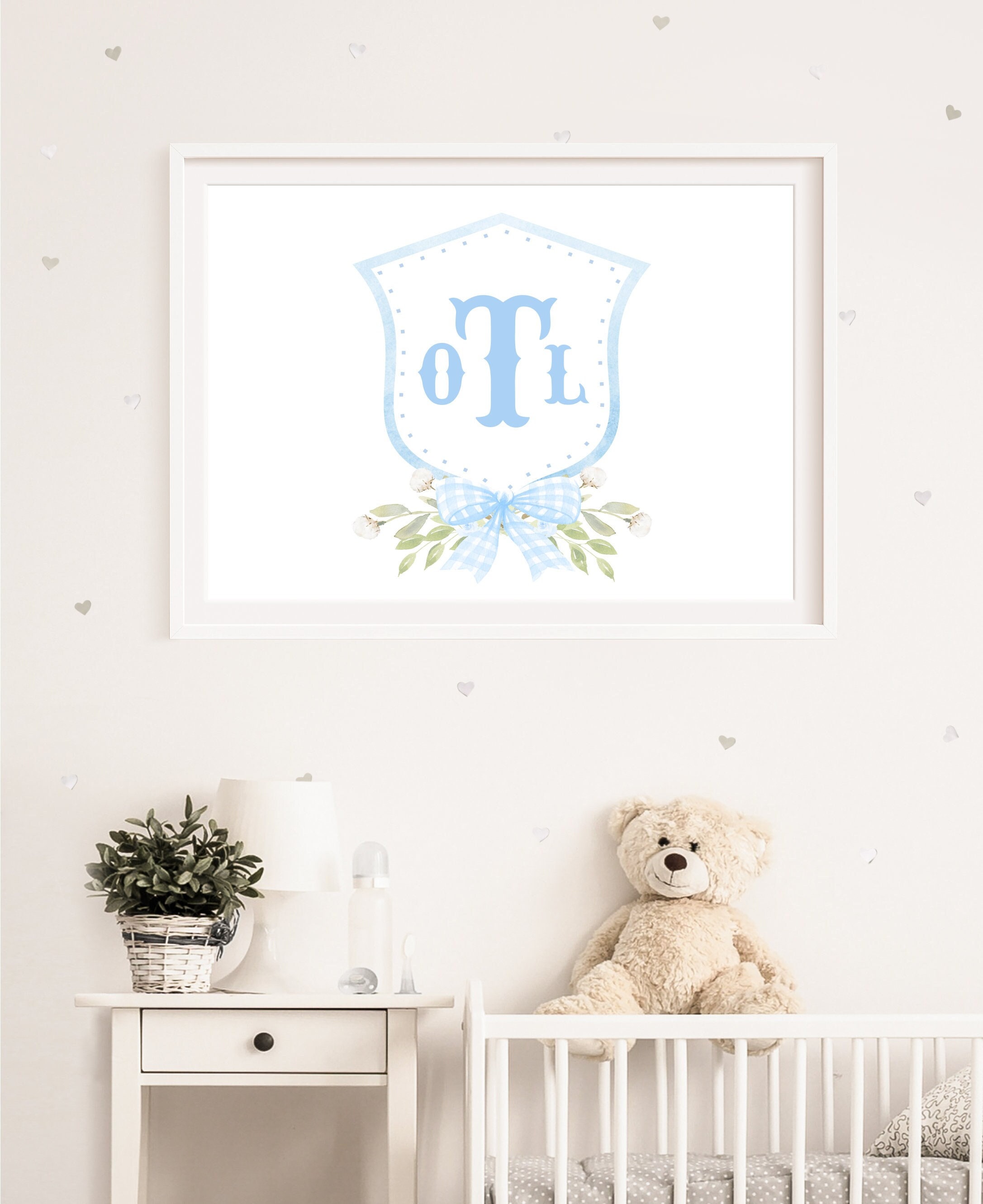 Watercolor Crest Boy Nursery, Monogram Nursery Wall Art, Blue Boy