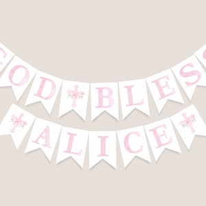 Aquarell Taufe Banner, Gott schütze rosa Kreuz, Taufe Banner, erste Kommunion, printable Download, Mädchen Taufe Dekoration, P01
