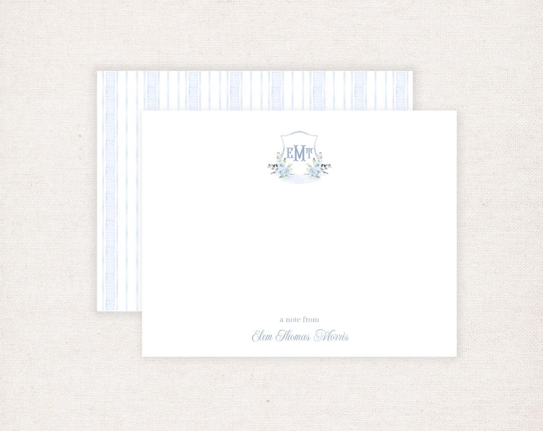 Personalized Stationery Set | Blue Monogram Crest Notecards | Floral ...