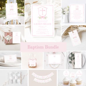 Baptism Invitation Bundle, Watercolor Pink Crest Baptism Deco, Pink Cross Invite, Baby Dedication for Girl, First Communion, Editable, P01