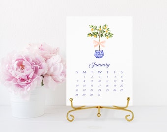 Chinoiserie 2024 Desktop Calendar, Printable Watercolor Calendar, Topiaries Desktop Calendar, Crest Calendar, Monthly Calendar 5x7, Digital