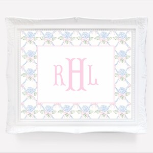 Arte mural con monograma de niña, monograma de hortensia floral para guardería, arte mural Grandmillennial, decoración de guardería rosa, regalo para bebé, arte mural con inicial personalizado