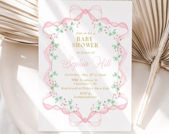 Pink Bow Baby Shower Invitation, Girl Baby Shower Invite, Watercolor Soft Floral Bow Invitation, Floral Shower, Editable Invite, BS1