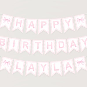 Pink Gingham Happy Birthday Banner, Girl 1st Birthday Decoration, Baby Name Banner, Watercolor Pink Bow Banner, Instant Download, 013