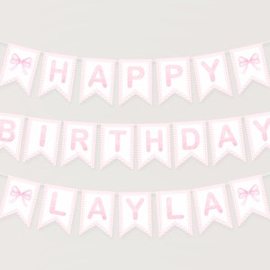 Pink Gingham Happy Birthday Banner, Girl 1st Birthday Decoration, Baby Name Banner, Watercolor Pink Bow Banner, Instant Download, 013