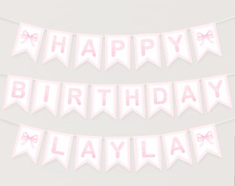 Pancarta de feliz cumpleaños a cuadros rosas, decoración para el primer cumpleaños de niña, pancarta con el nombre del bebé, pancarta con lazo rosa acuarela, descarga instantánea, 013