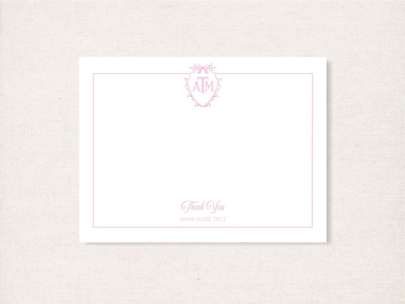 Printable Thank You Note Cards, Baby Girl Stationery, Monogram Crest