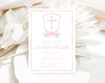 May include: Pink and white baptism invitation with a cross and a bow. The invitation reads "Please join us for the Baptism of our girl LAUREN MILLER Sunday May 6, 2023 at 10:30 am Saint Patrick Church 11 Main St - Malvern - PA Brunch to be served following the Baptism 123 Main Street - Malvern - PA"