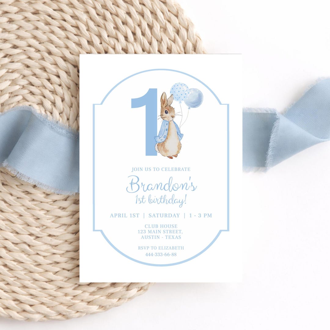 Simon The Rabbit Invitation Bunny Boy First Birthday Invitation, Vintage Rabbit Invite, Classic ...