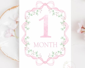 Biglietti per le tappe fondamentali della bambina, biglietti per le tappe fondamentali con motivi floreali ad acquerello, fiocco rosa, regalo per baby shower, ricordi della bambina, tappe mensili della bambina, stampabili