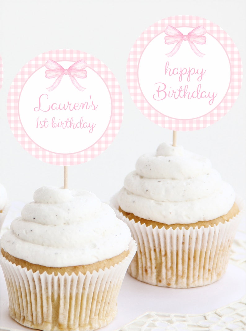 Pink Gingham Cupcake Topper, Girl First Birthday Decor, Pink Bow Birthday, Watercolor Pink Bow