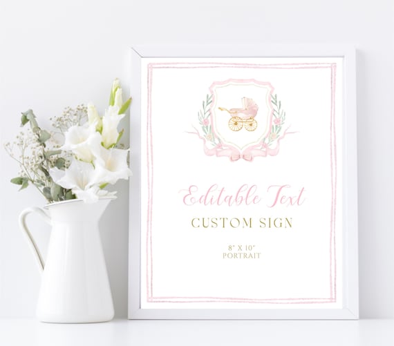 Watercolor Pink Crest Baby Shower Sign, Editable Sign 8x10, Girl Carriage Baby Shower, Pink Bow Shower Sign, Editable Sign, BS3