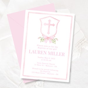 Watercolor Pink Crest Baptism Invitation, Pink Cross Invite, Girl Baptism Invite, Baby Dedication for Girl, First Communion, Editable, P01