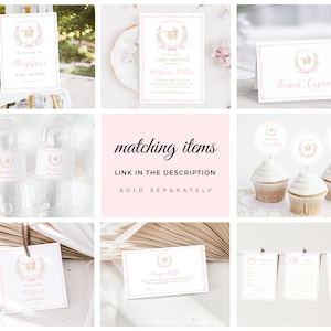 May include: A set of printable baby shower party decorations featuring a pink and gold carriage design. The set includes a welcome sign, invitation, cupcake topper, water bottle label, thank you tag, and a diaper raffle card.