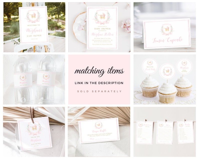 May include: A set of printable baby shower party decorations featuring a pink and gold carriage design. The set includes a welcome sign, invitation, cupcake topper, water bottle label, thank you tag, and a diaper raffle card.