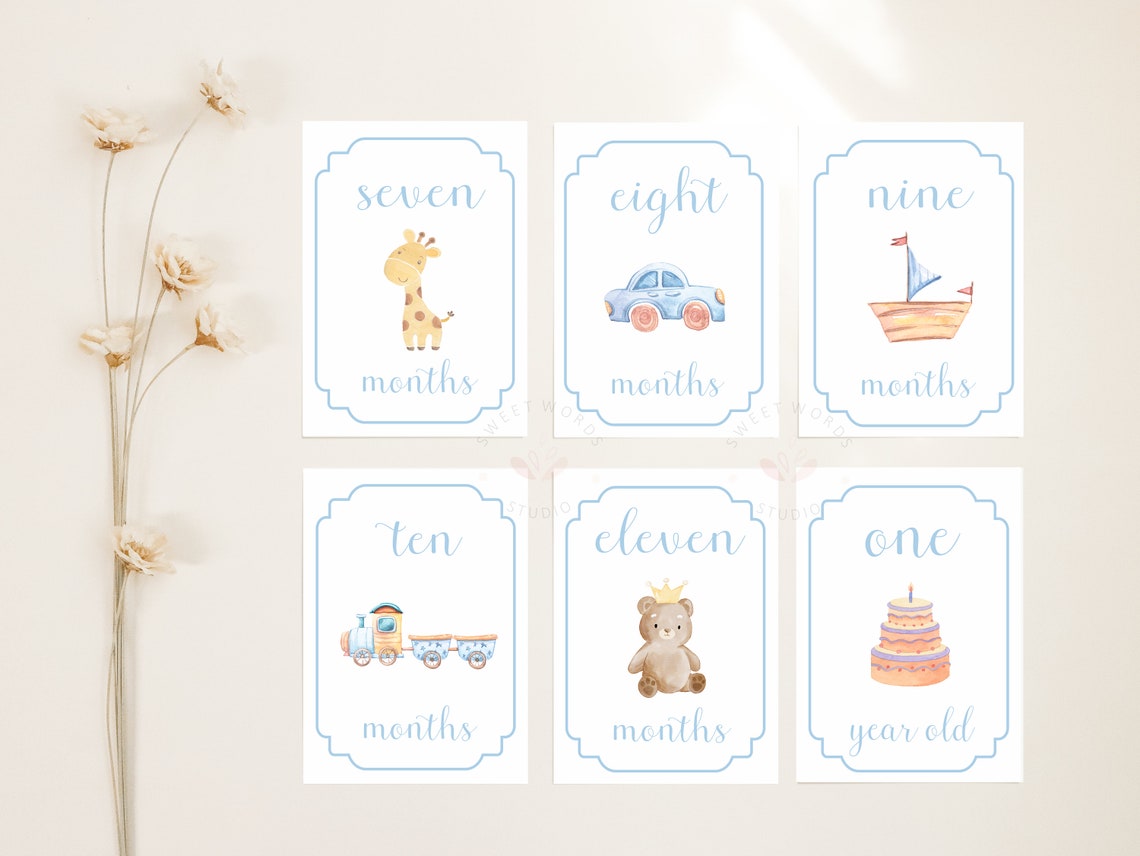 Boy Milestone Cards, Baby Month Cards, Blue Monthly Milestone Cards ...