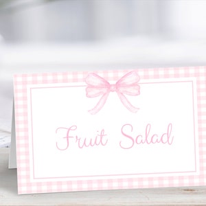 Pink Gingham Food Label, Girl 1st Birthday Decor, Pink Bow Shower, Birthday Table Tent, Watercolor Pink Bow, Editable Food Label Cards, 013