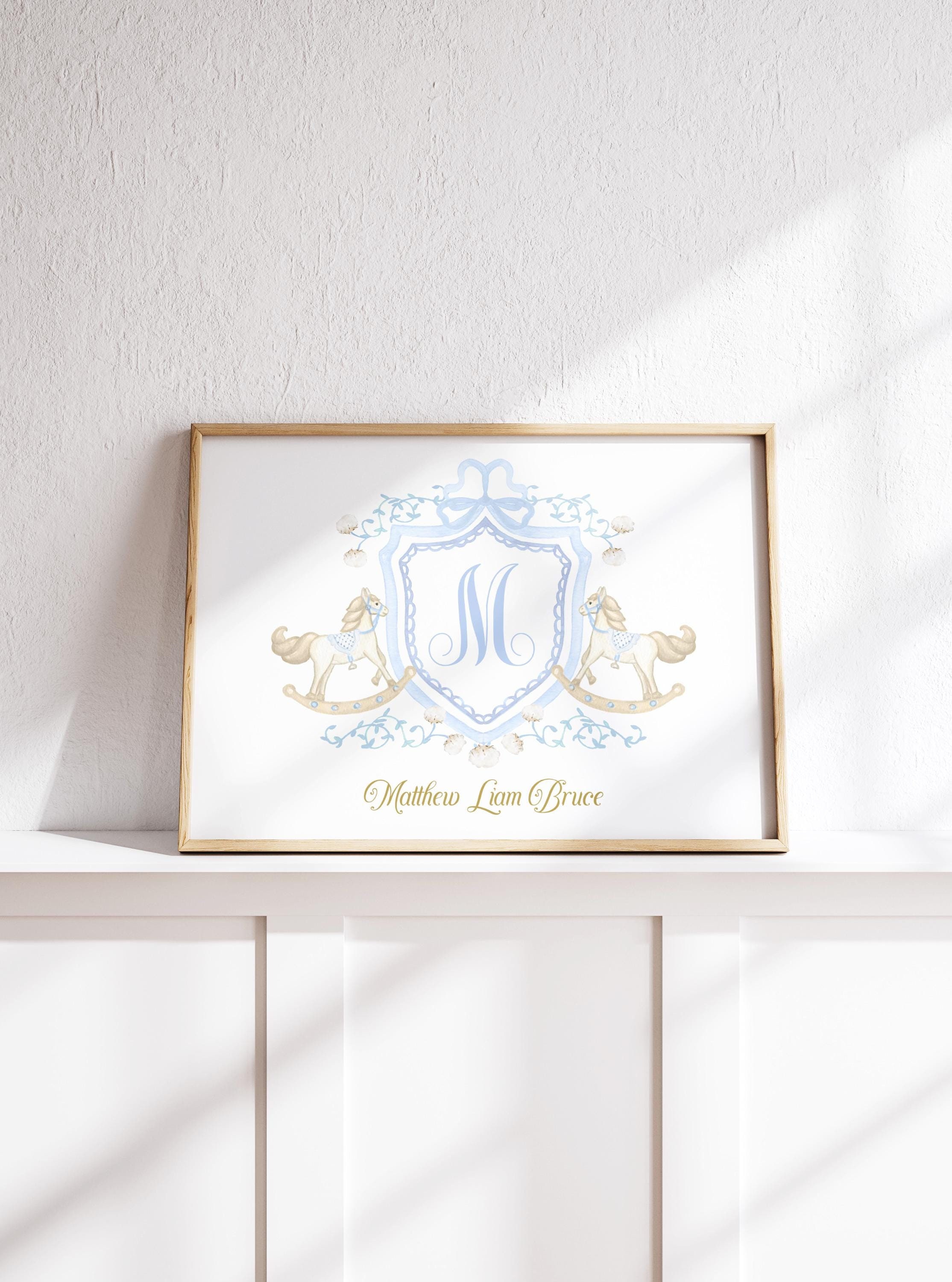 Nursery Monogram Wall Art, Rocking Horse Crest, Rocking Horse Nursery Wall Art, Watercolor Blue Crest, Boy Monogram Nursery, Printable
