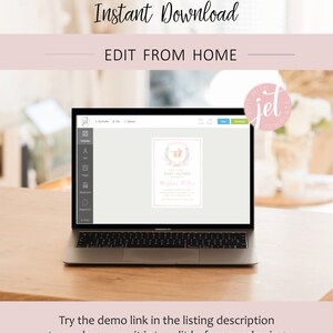 May include: A pink and gold baby shower invitation template with a floral wreath and a baby carriage. The text on the invitation reads "Baby Shower" and "[Name]" in a script font.