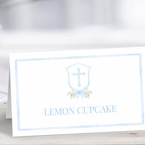 Watercolor Crest Food Label, Boy Baptism Decor, Baptism Table Tent, Blue Food Tent, First Communion, Editable Food Label Cards, B02