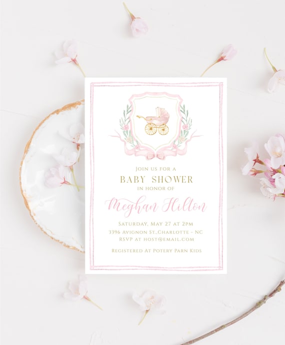 Watercolor Crest Baby Shower Invitation, Girl Baby Shower Invite, Pink Bow Invitation, Girl Carriage, Editable Text Invite, BS3