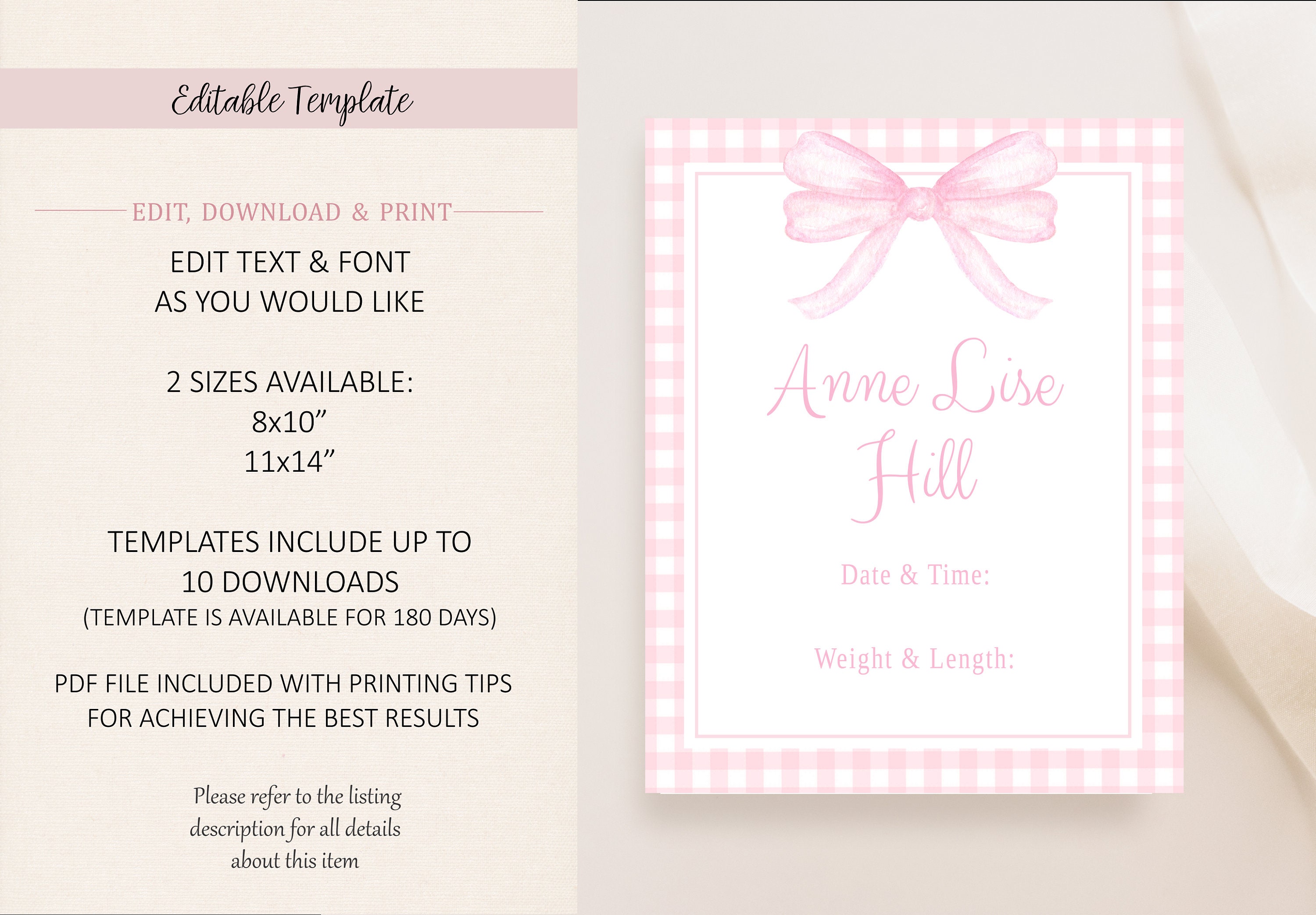 Hospital Door Sign Printable, Pink Gingham Nursery, Watercolor Pink Bow