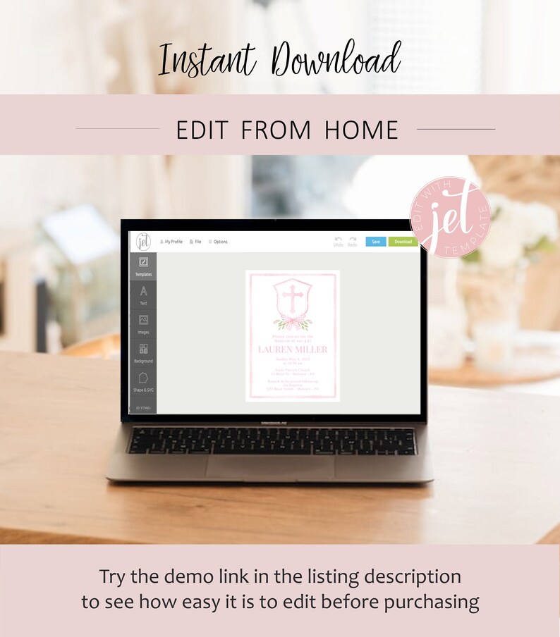 Pode incluir: Uma tela de laptop exibindo um modelo de convite digital rosa e branco com um design de cruz e flores. O texto "LAUREN MILLER" &eacute; vis&iacute;vel no convite. O texto "EDIT WITH JET TEMPLATE" &eacute; vis&iacute;vel em um c&iacute;rculo na tela.