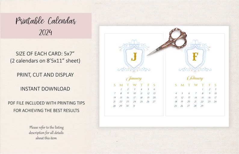 Crest 2024 Desktop Calendar, Printable Watercolor Calendar, Monogram ...